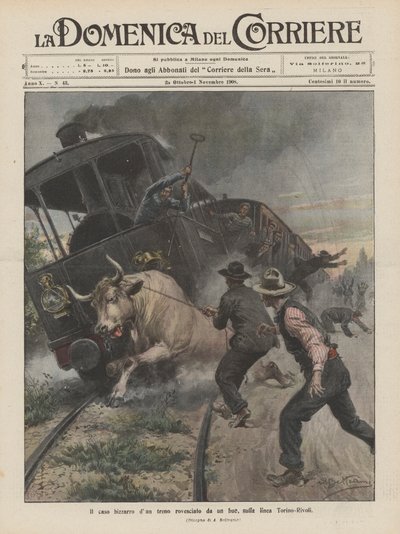 El caso extraño de un tren volcado por un buey, en la línea Turín-Rivoli de Achille Beltrame